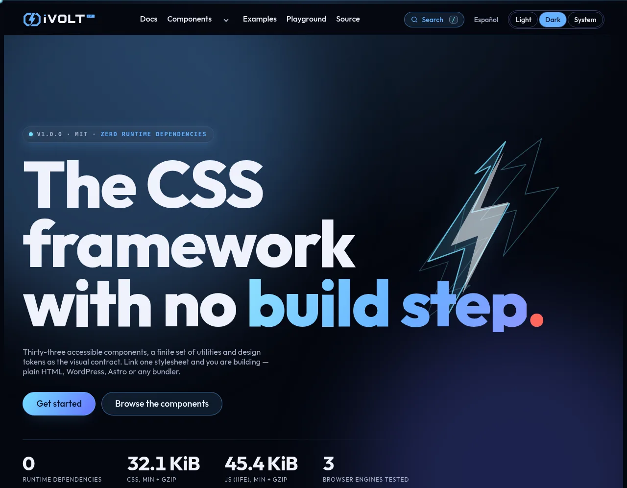 The ivolt.intervolutions.com home page: the headline “The CSS framework with no build step” and the package's four figures.